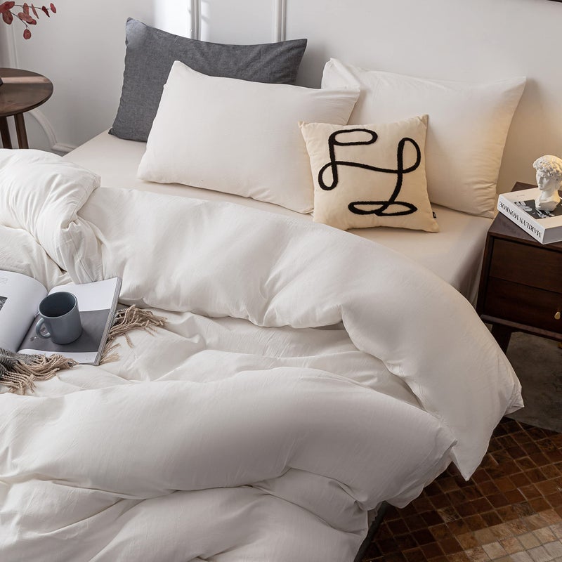 Janlive Washed Cotton Duvet Cover Queen Ultra Soft 100% Cotton Solid Color White Duvet Cover Set with Zipper Closure -3 Pieces White Queen - Image 3